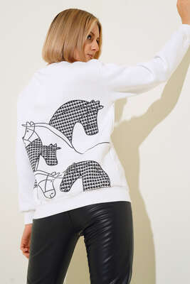 Western Baskılı Sweatshirt Beyaz - Kadın Giyim Modelleri