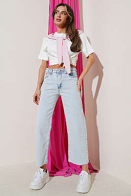 Wide Leg Kesik Paça Kot Pantolon Açık Kar - Kadın Giyim Modelleri