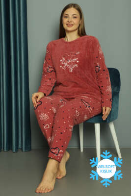 Winter Love Welsoft Büyük Beden Pijama Takım Gül Kurusu - Pijama