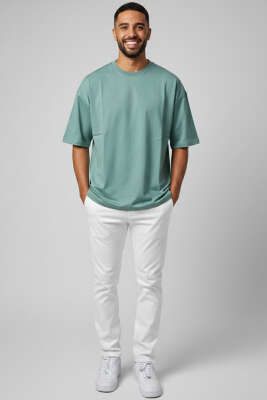 Oversize Basic Erkek Tshirt Su Yeşili - Yılın Fırsatı