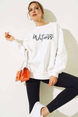 Witness Baskılı Şardonlu Sweatshirt Ekru - Kadın Giyim Modelleri