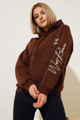 Worst Behavıor Yazı Baskılı Sweatshirt Kahve - Kadın Giyim Modelleri