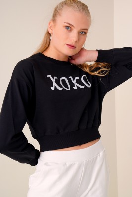 Xoxo Baskılı Siyah Sweatshirt 