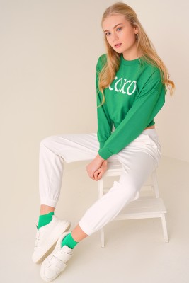 Xoxo Baskılı Yeşil Sweatshirt - Kadın Giyim Modelleri