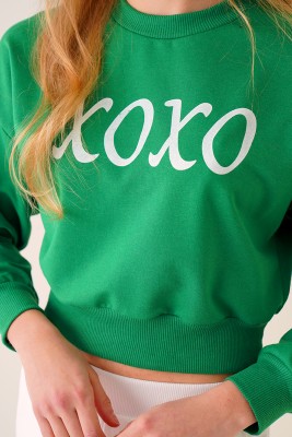 Xoxo Baskılı Yeşil Sweatshirt - Kadın Giyim Modelleri