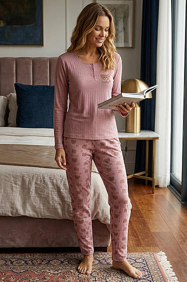 Yaka Ayıcık Nakışlı Uzun Kol Pijama Takım Pudra - Pijama