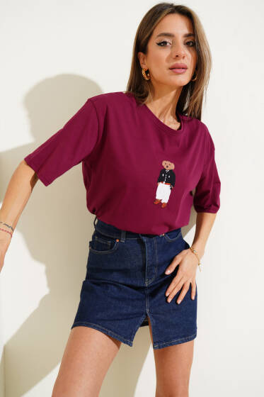 Yaka Ayıcıklı Basic T-shirt Burgonya - Kadın Giyim Modelleri