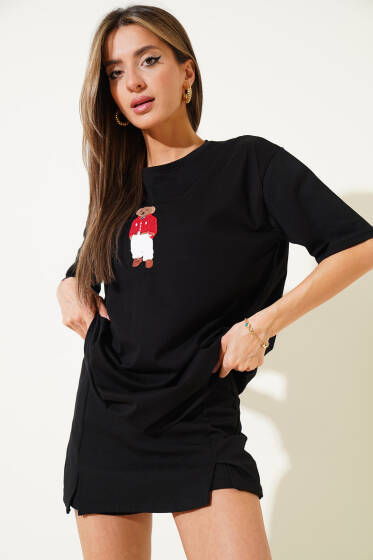 Yaka Ayıcıklı Basic T-shirt Siyah - Kadın Giyim Modelleri
