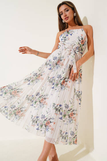 Yaka Bağcıklı Çiçekli Şifon Midi Elbise Bej - Kadın Giyim Modelleri