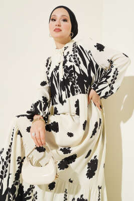 Yaka Bağcıklı Desenli Elbise Bej - Tesettür Elbise