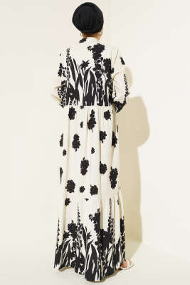 Yaka Bağcıklı Desenli Elbise Bej - Tesettür Elbise