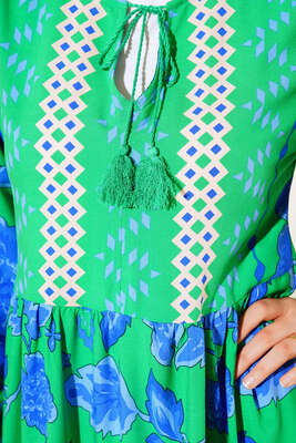 Yaka Bağcıklı Desenli Elbise Benetton - Thumbnail