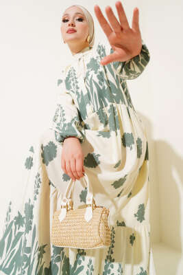 Yaka Bağcıklı Desenli Elbise Çağla Yeşili