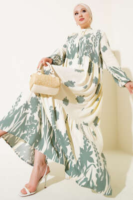 Yaka Bağcıklı Desenli Elbise Çağla Yeşili - Tesettür Elbise