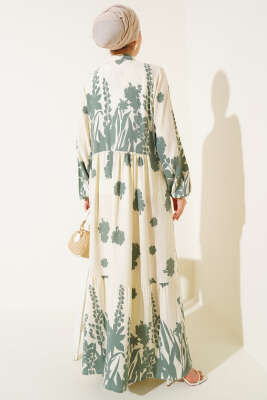 Yaka Bağcıklı Desenli Elbise Çağla Yeşili - Tesettür Elbise