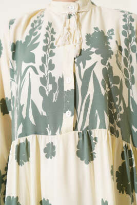 Yaka Bağcıklı Desenli Elbise Çağla Yeşili - Tesettür Elbise