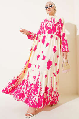 Yaka Bağcıklı Desenli Elbise Fusya 