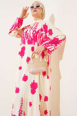 Yaka Bağcıklı Desenli Elbise Fusya - Tesettür Elbise