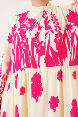 Yaka Bağcıklı Desenli Elbise Fusya - Tesettür Elbise