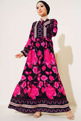 Yaka Bağcıklı Desenli Elbise Fuşya - Thumbnail