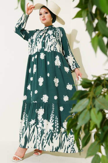 Yaka Bağcıklı Desenli Elbise Haki - Elbise