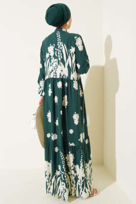 Yaka Bağcıklı Desenli Elbise Haki - Tesettür Elbise