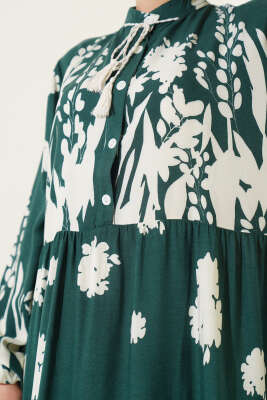 Yaka Bağcıklı Desenli Elbise Haki - Tesettür Elbise