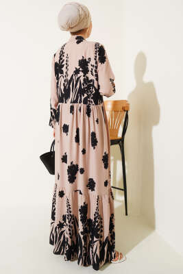 Yaka Bağcıklı Desenli Elbise Latte - Tesettür Elbise