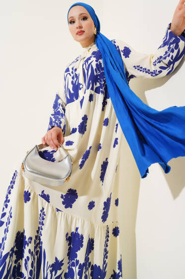 Yaka Bağcıklı Desenli Elbise Saks - Elbise