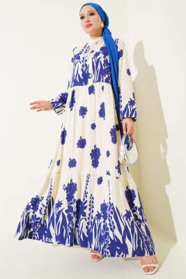 Yaka Bağcıklı Desenli Elbise Saks - Tesettür Elbise