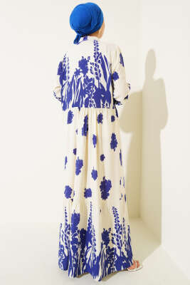 Yaka Bağcıklı Desenli Elbise Saks - Tesettür Elbise