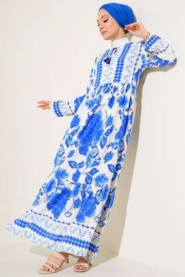 Yaka Bağcıklı Desenli Elbise Saks - Thumbnail