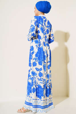 Yaka Bağcıklı Desenli Elbise Saks - Thumbnail