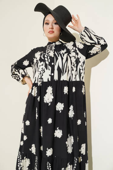 Yaka Bağcıklı Desenli Elbise Siyah - Elbise