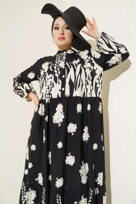 Yaka Bağcıklı Desenli Elbise Siyah 