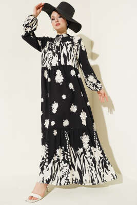 Yaka Bağcıklı Desenli Elbise Siyah - Tesettür Elbise