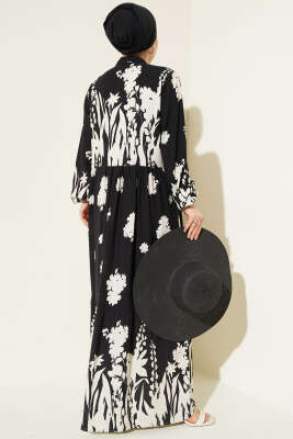 Yaka Bağcıklı Desenli Elbise Siyah - Tesettür Elbise