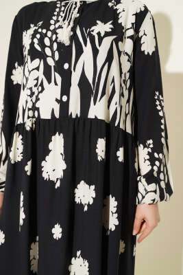 Yaka Bağcıklı Desenli Elbise Siyah - Tesettür Elbise