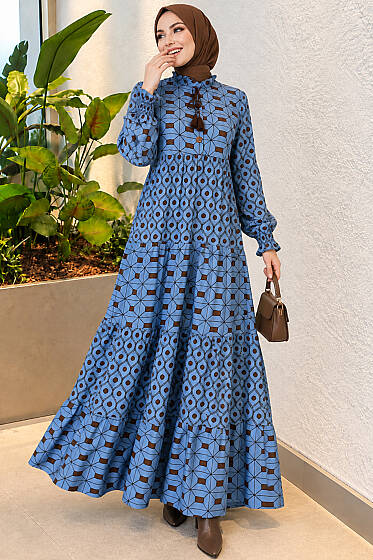Yaka Bağcıklı Düğmeli Elbise Mavi - Süper Fırsat