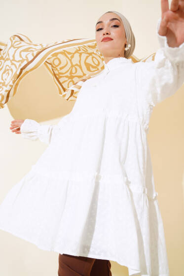 Yaka Bağcıklı Kat Kat Tunik Beyaz - Tunik