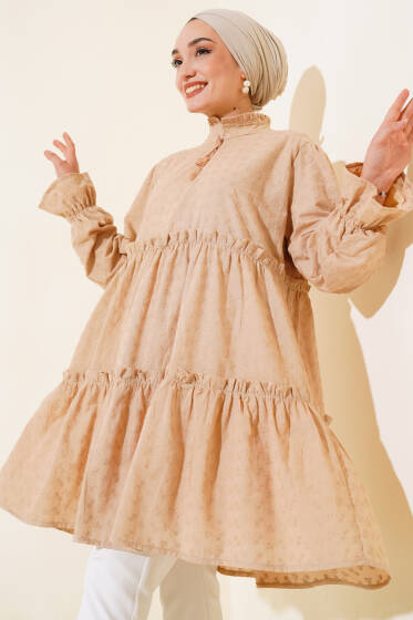 Yaka Bağcıklı Kat Kat Tunik Latte - Tunik