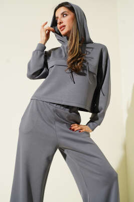 Yaka Bağcıklı Loyşa Sweatshirt İkili Takım Kayrak Grisi - Kadın Giyim Modelleri