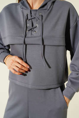 Yaka Bağcıklı Loyşa Sweatshirt İkili Takım Kayrak Grisi - Kadın Giyim Modelleri