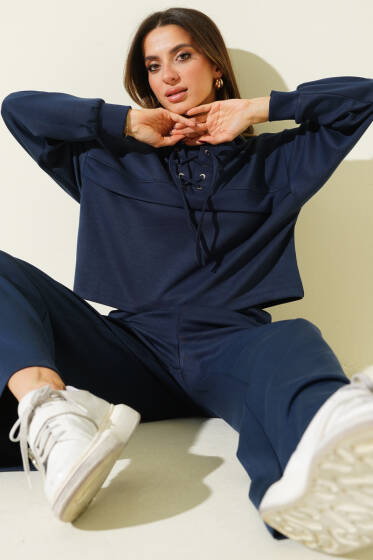 Yaka Bağcıklı Loyşa Sweatshirt İkili Takım Lacivert - Kadın Giyim Modelleri