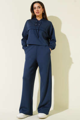 Yaka Bağcıklı Loyşa Sweatshirt İkili Takım Lacivert - Kadın Giyim Modelleri