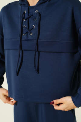 Yaka Bağcıklı Loyşa Sweatshirt İkili Takım Lacivert - Kadın Giyim Modelleri