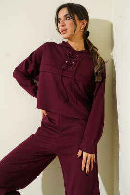 Yaka Bağcıklı Loyşa Sweatshirt İkili Takım Mürdüm - Kadın Giyim Modelleri