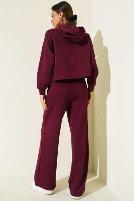 Yaka Bağcıklı Loyşa Sweatshirt İkili Takım Mürdüm - Kadın Giyim Modelleri