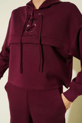 Yaka Bağcıklı Loyşa Sweatshirt İkili Takım Mürdüm - Kadın Giyim Modelleri