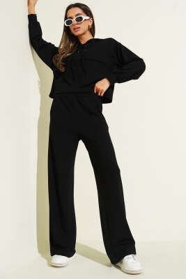 Yaka Bağcıklı Loyşa Sweatshirt İkili Takım Siyah - CALİENTE